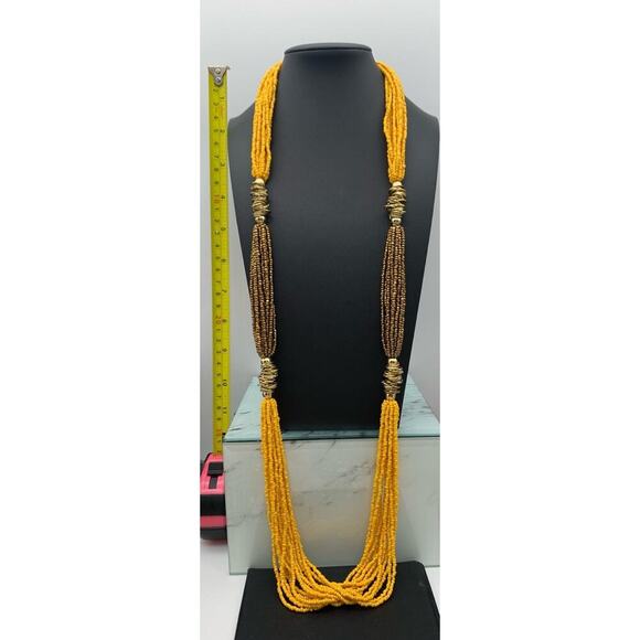 Vintage 14 Multi Strand Yellow & Gold Seed Bead Necklace W Gold Tone Stations - Picture 5 of 6